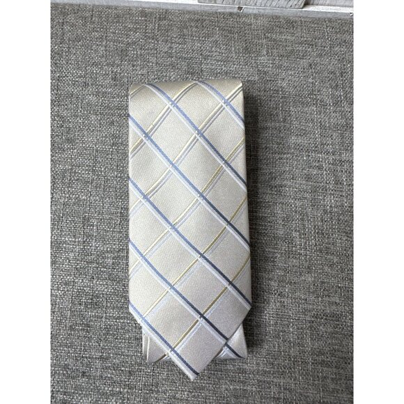 Claiborne Mens Beige & Blue Plaid 100% Silk Neck Tie Formal Suit Work - Picture 4 of 5